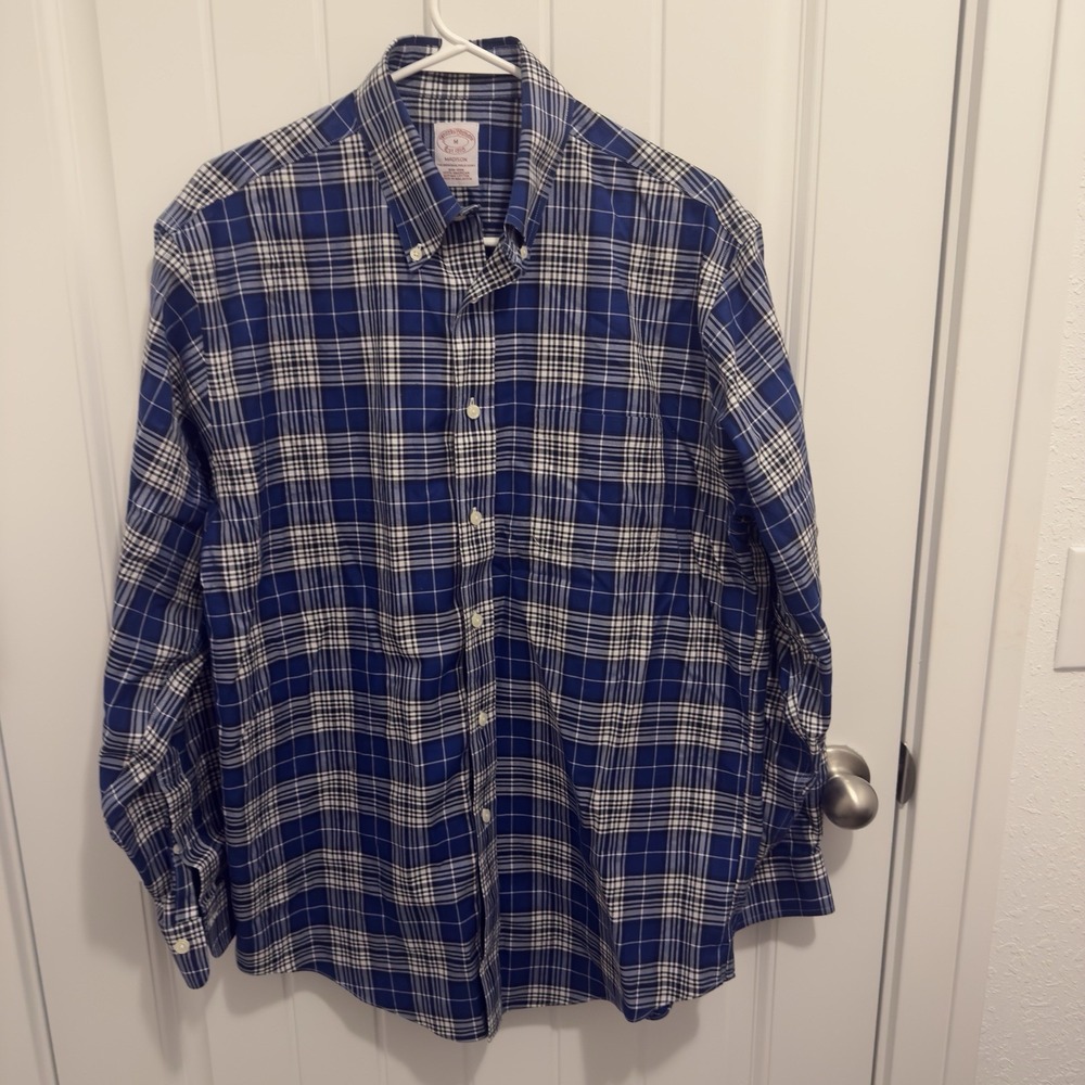 Brooks Brothers Men's Madison‎ Blue White Plaid Dress Shirt Size Medium